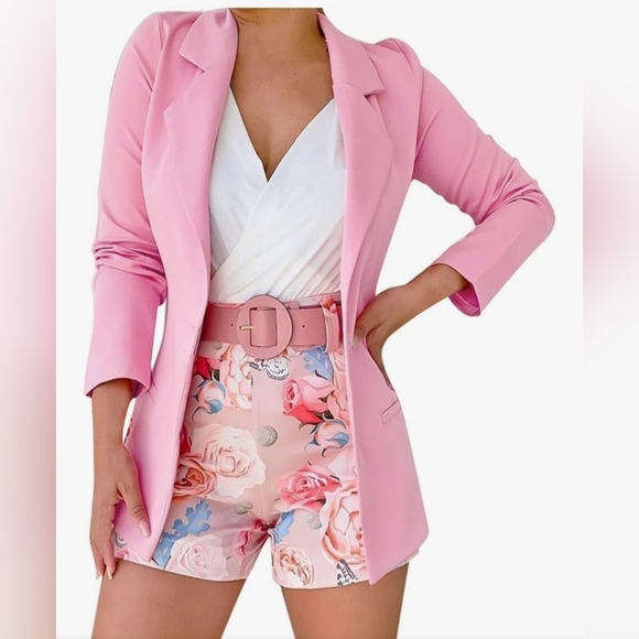 Pants - Pink Blazer and floral Short suit with belt